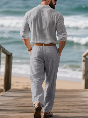 Grey linen blend long sleeve top and pants set with collared neckline and relaxed fit.