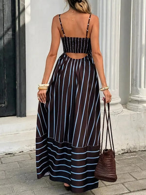 Cutout Back Striped Maxi Dress in White, product detail