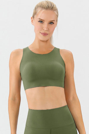 Green sculpted performance sports bra with a high neckline and racerback detail.