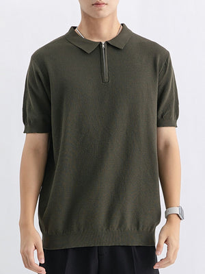 Men's textured knit zip-up polo shirt in army green with short sleeves and a spread collar.
