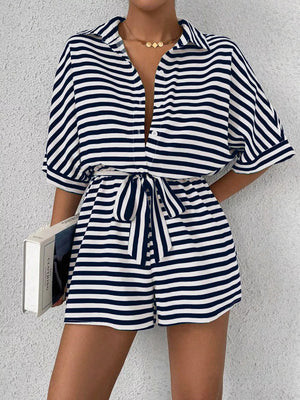 Striped Button Front Half Sleeve Romper in Dark Blue, product detail