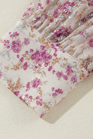 Sequin floral print relaxed fit blouse in dusty pink with metallic accents.