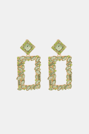 Light Green Geometric Jewel Box Earrings with diamond top and rectangular frame.