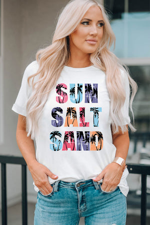White t-shirt with Sun Salt Sand typography and palm tree graphic print