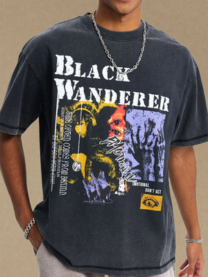 Black Wanderer graphic tee in washed cotton with crew neck and short sleeves.