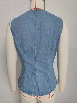 Light wash denim vest with button front detail and tailored fit