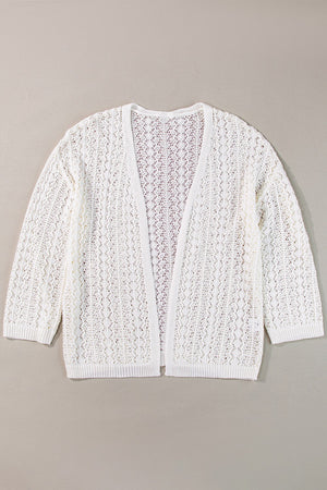 White open-knit crochet cardigan with 3/4 sleeves and a relaxed fit.
