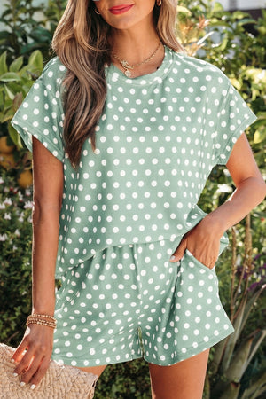 Green polka dot pajama set with crew neck top and shorts