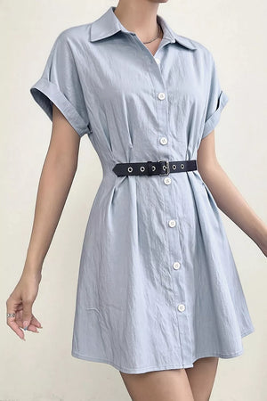 Button Up Short Sleeve Shirt Dress in Light Blue, side view