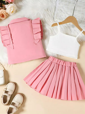 Pink collared top with ruffled sleeves, white ribbed cami, and pleated skirt.