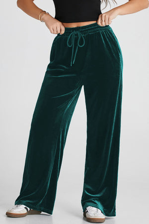 Velvet lounge wide-leg drawstring trousers in Black Forest, with a relaxed fit and tie waist.