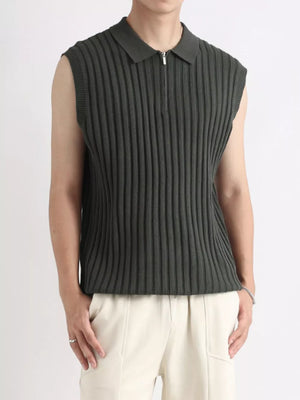 Men's ribbed knit zip-up tank in dark green with a polo collar.