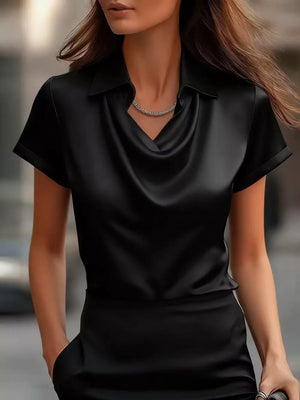 Black satin cowl neck shirt with short sleeves and a collared neckline.
