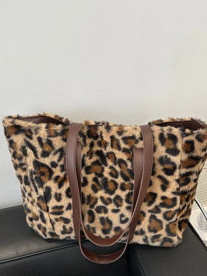 Fuzzy leopard print shopper bag with brown handles