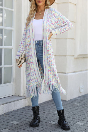 Chromatic crochet maxi cardigan with fringe detail in Sherbet, acrylic knit, open front, long sleeves.
