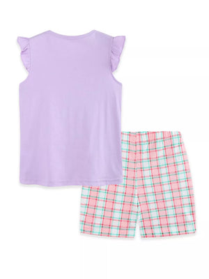 Girls' lavender ruffle tee and pink plaid shorts set.