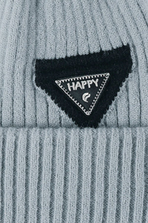 Happy Patch Ribbed Beanie in Steel acrylic with black triangular patch detail.