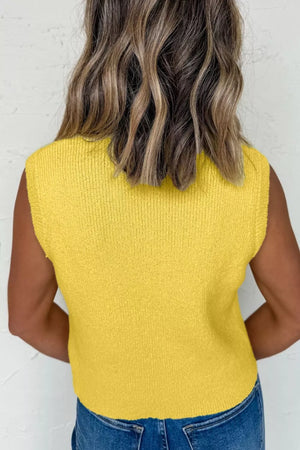 Yellow textured knit sweater vest with a button-down front, shown from the back.