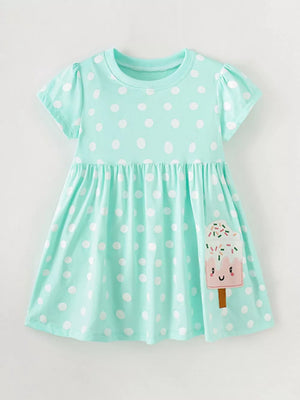 Baby dress with polka dots and ice cream applique, a-line, cotton blend