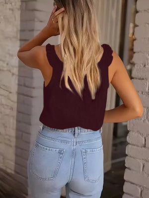 Burgundy textured tank top with frill trim on straps and button detail.