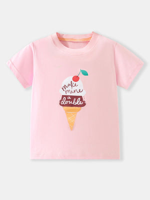Pink toddler t-shirt with ice cream graphic and "make mine a double" text.