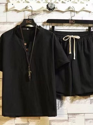 Black cotton two-piece set with Henley collar shirt and drawstring shorts