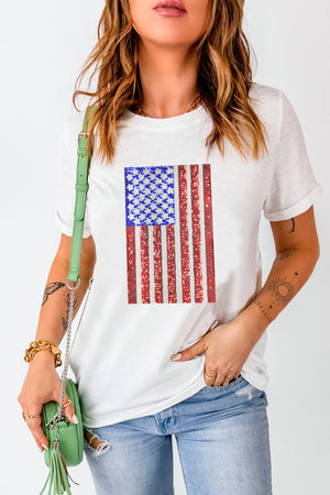 White t-shirt with sequin American flag graphic, crew neck, short sleeves.