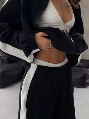 Zip Up Long Sleeve Outerwear And Pants Set in Brown, fabric detail