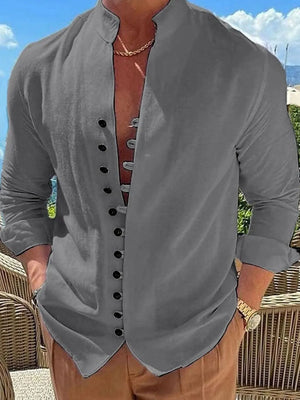 Dark Gray linen shirt with mandarin collar and button placket, long sleeves.