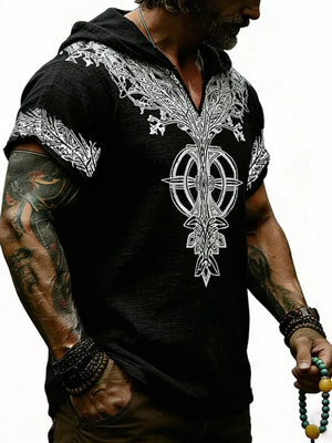 Men's Full Size Printed Hooded Short Sleeve Top in White, product detail