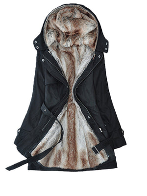 Black belted utility parka with plush faux fur lining and hood.