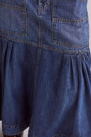 Denim midi skirt in dark wash with flounce hem and patch pockets