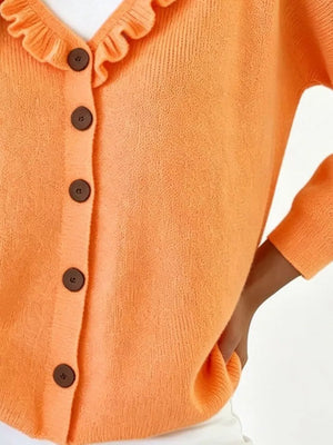 Ruffled Neckline Button-up Cardigan in White, product detail