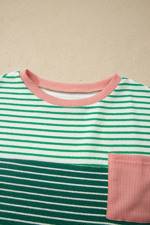 Stripe Contrast Color Block Relaxed Tee in Gum Leaf, model styling view