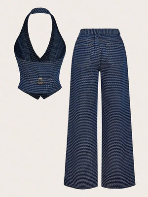 Halter Neck Denim Vest And Wide-leg Jeans Set, fabric detail
