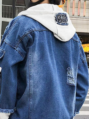 Men's Distressed Patchwork Hooded Denim Jacket in Light, model styling view