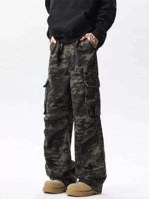 Relaxed fit dark camo cargo pants with multiple pockets.