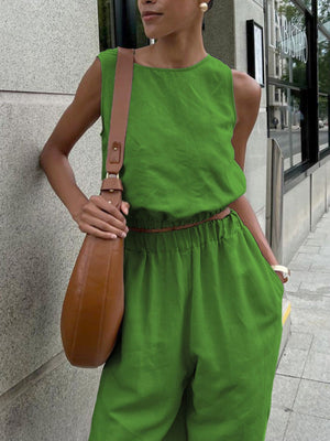 Sleeveless crop top and wide-leg pants set in tan cotton, crew neck.