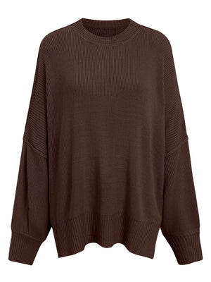 Oversized ribbed knit sweater in chocolate with drop shoulders and crew neck.