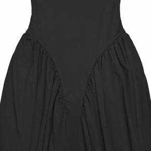 Black one-shoulder evening dress with ruched detailing on the skirt.