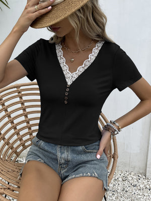 Black lace trim button-down tee with short sleeves and a V-neck.