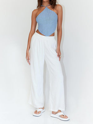 Light blue crochet halterneck triangle top with a backless design