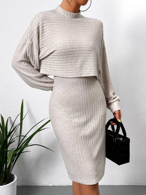 Dust Storm ribbed knit co-ord outfit set with cropped sweater and midi dress.