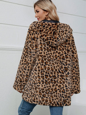 Leopard print faux fur cocoon coat with hood, acrylic material, casual style.