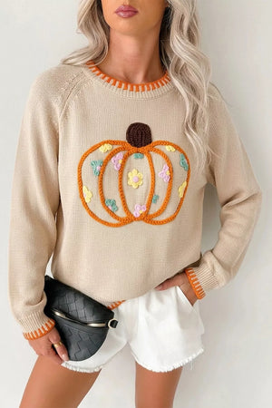 Floral Embroidery Pumpkin Long Sleeve Sweater, front view