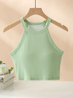 Ribbed halter crop top in Gum Leaf green with contrast stitching detail.