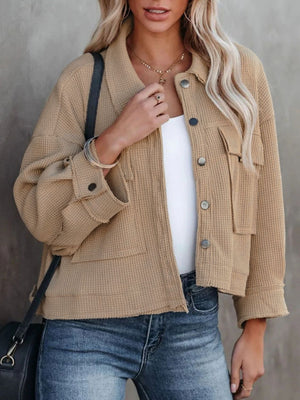Camel waffle knit cropped utility jacket with button front and chest pockets
