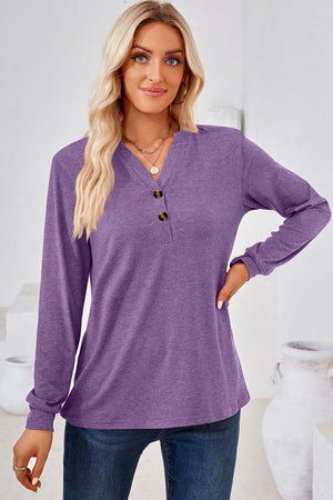 Lavender henley neckline jersey top with button detail and long sleeves