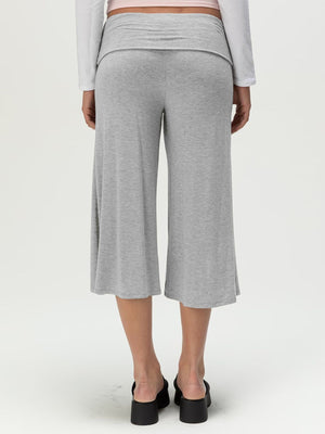 Relaxed wide leg capris in light gray jersey with a foldover waistband.