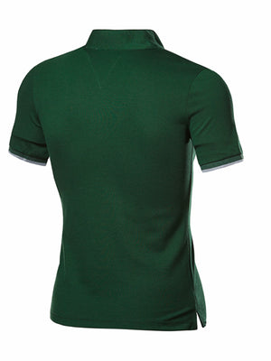 Men's green cotton polo shirt with short sleeves and grey trim.